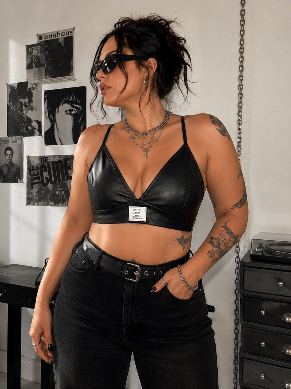 Black Faux Leather Bralette Top - Sleek Women's Crop